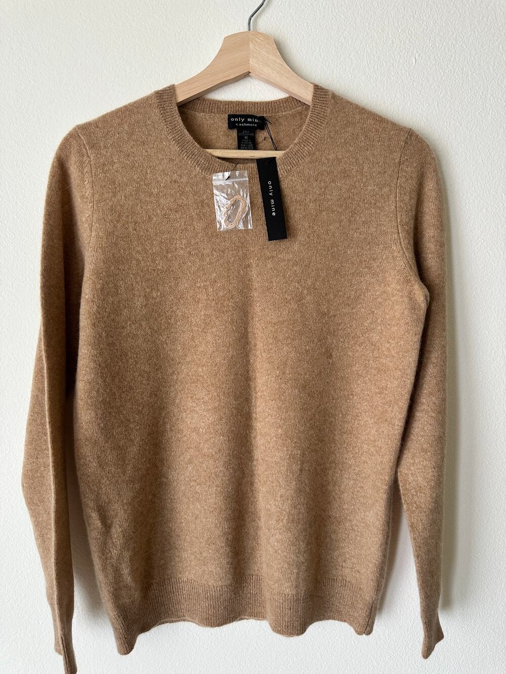 Only Mine 100% Cashmere Sweater Women M Camel Tan 2-Ply Crewneck NWT